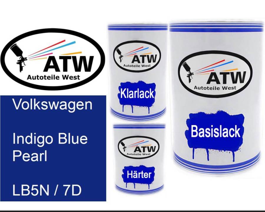 Volkswagen, Indigo Blue Pearl, LB5N / 7D: 500ml Lackdose + 500ml Klarlack + 250ml Härter - Set, von ATW Autoteile West.